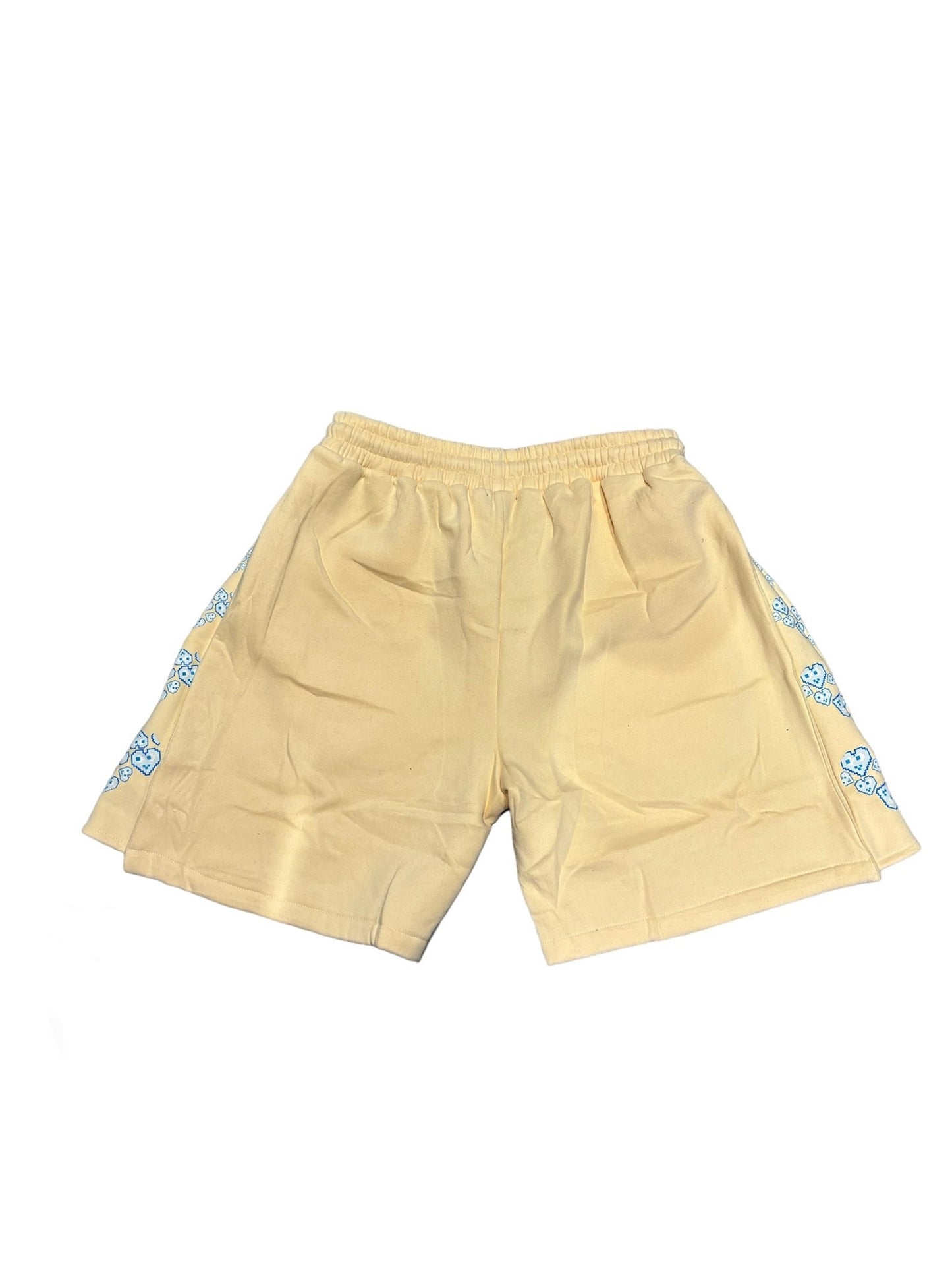 BEIGE SHORTS, BLAUES HERZ-LOGO MIT REISSVERSCHLUSS